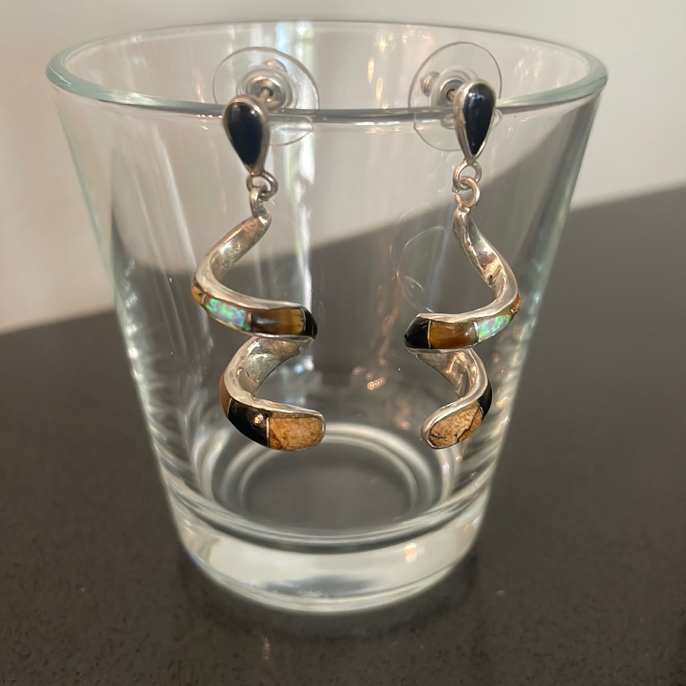 Earrings-stone-inlay swirl spiral western opal/jasper/tigereye/jet sterlsilver